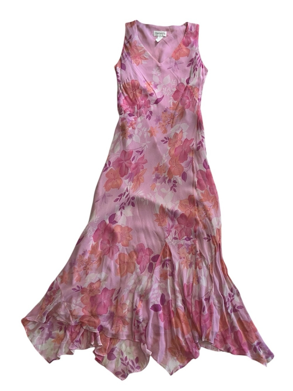 Y2K 100% Silk Handkerchief Hem Floral Chadwick's Maxi Dress 12 Fairy Whimsigoth